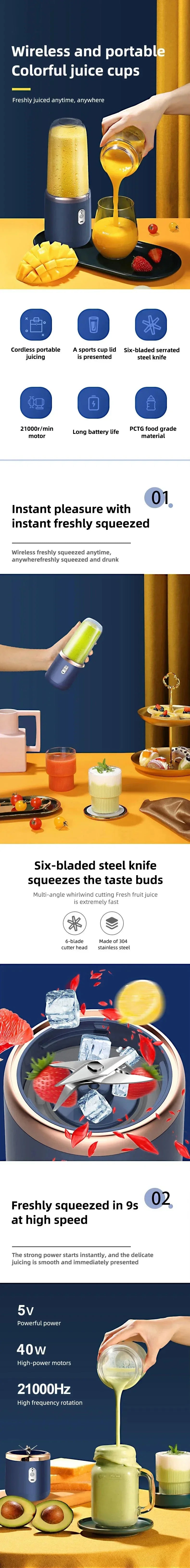 Portable 400ml USB Electric Juicer Cup | 6-Blade Smoothie & Shake Blender