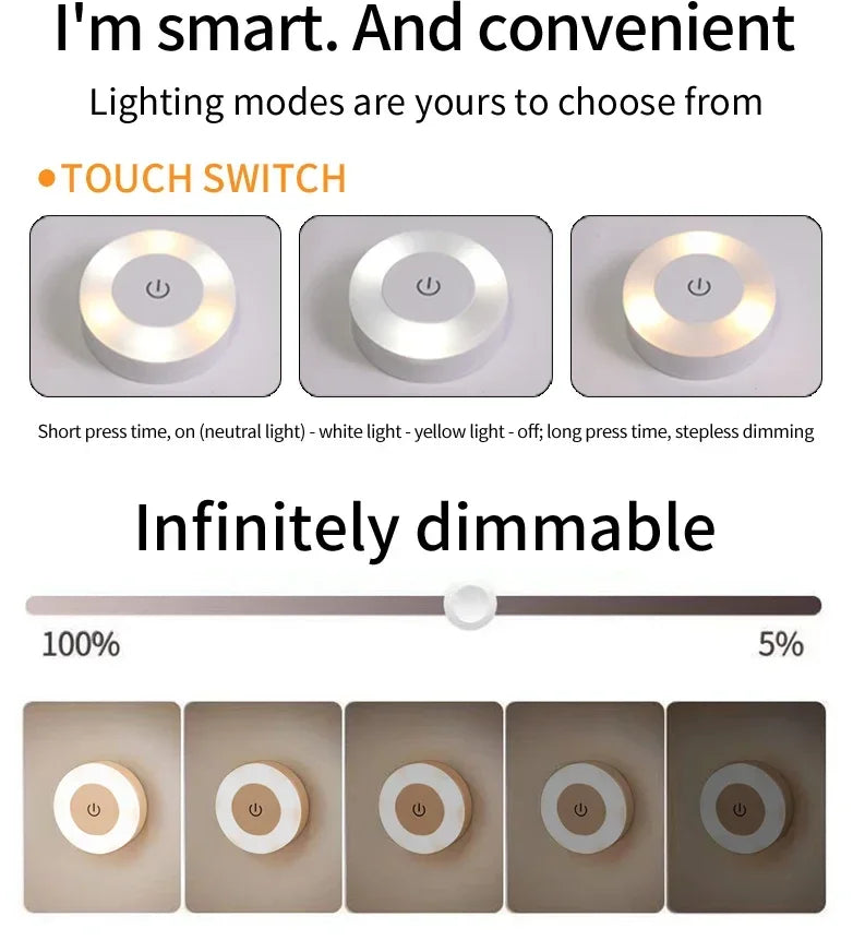Rechargeable Round LED Wall Lamp | Touch Dimmable Magnetic Book Light