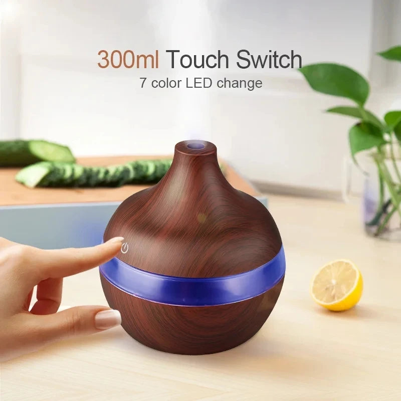 Electric Ultrasonic Wood-Grain Aroma Diffuser & Cool Mist Humidifier – 300ml Essential Oil Aromatherapy for Home