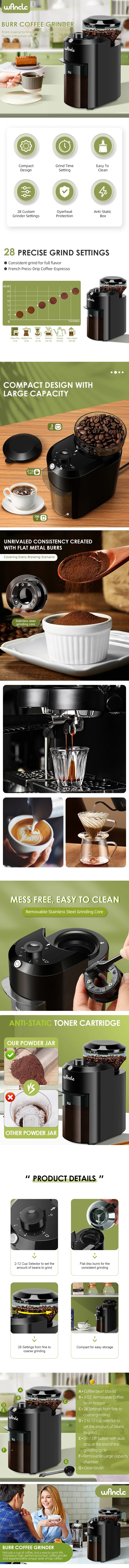 Wancle Electric Conical Burr Coffee Grinder ☕⚡ | 28 Adjustable Grind Settings | 220V/120V