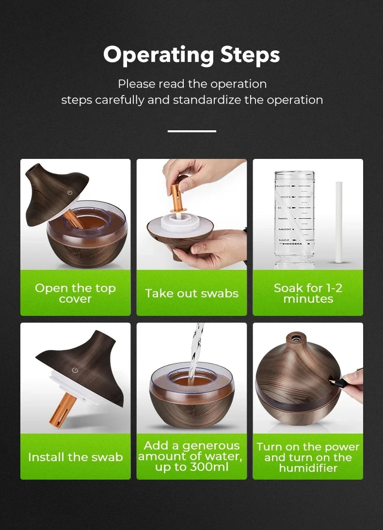 Electric Ultrasonic Wood-Grain Aroma Diffuser & Cool Mist Humidifier – 300ml Essential Oil Aromatherapy for Home