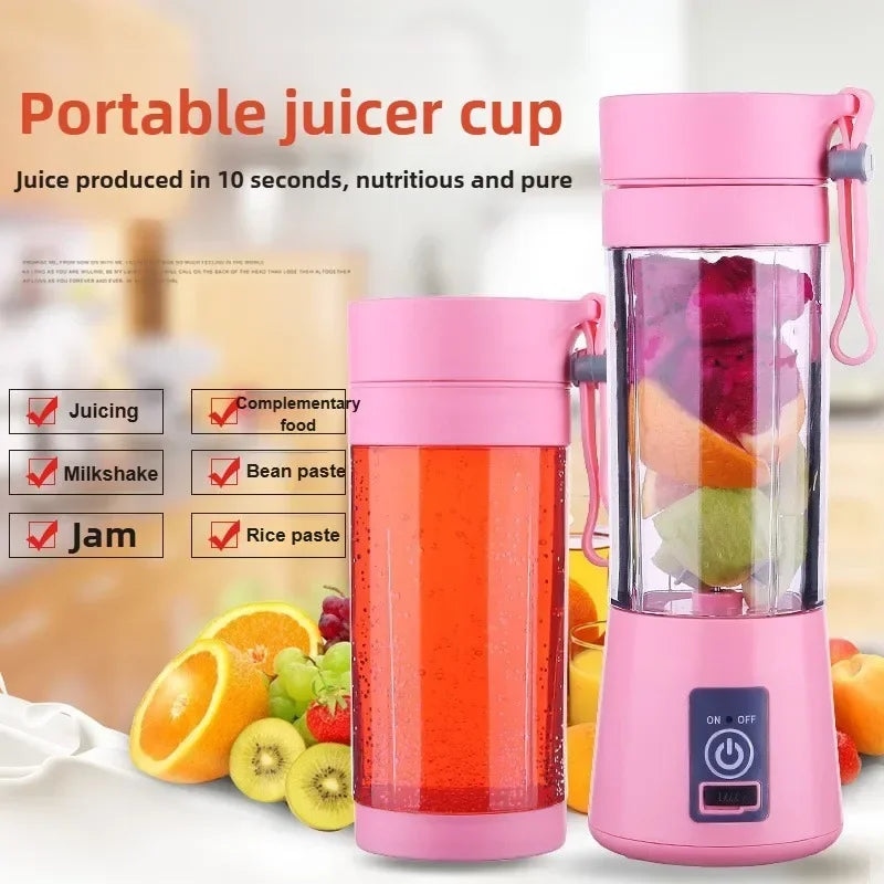 Portable Electric Fruit Blender for smoothies and milkshakes, featuring a handheld design and travel-friendly juicing cup.