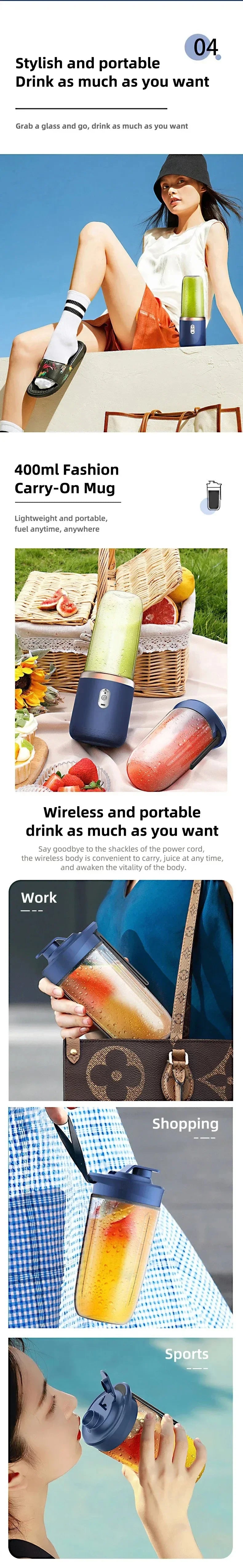 Portable 400ml USB Electric Juicer Cup | 6-Blade Smoothie & Shake Blender