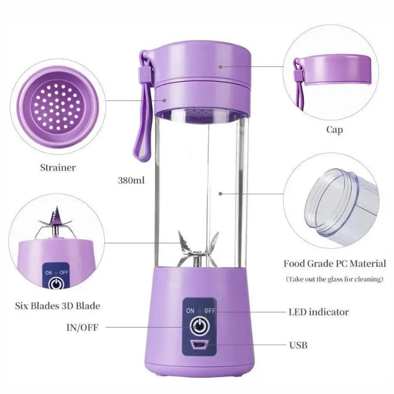 Portable Electric Fruit Blender for smoothies and milkshakes, featuring a handheld design and travel-friendly juicing cup.