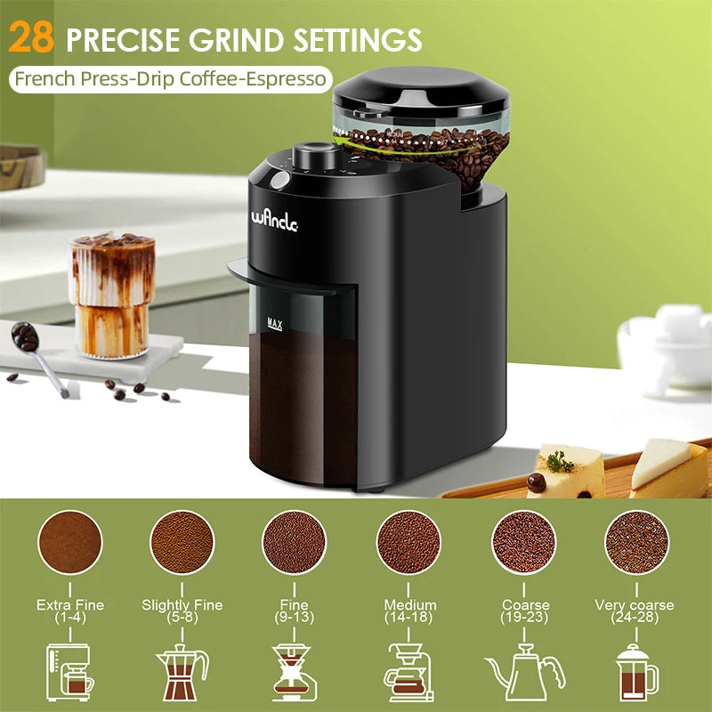 Wancle Electric Conical Burr Coffee Grinder ☕⚡ | 28 Adjustable Grind Settings | 220V/120V