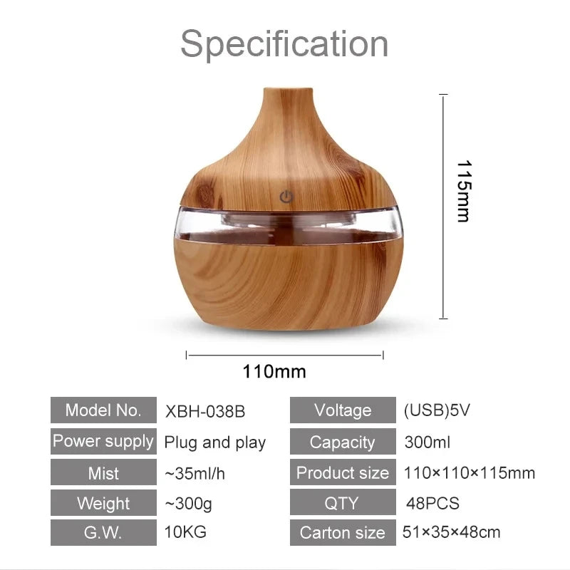 Electric Ultrasonic Wood-Grain Aroma Diffuser & Cool Mist Humidifier – 300ml Essential Oil Aromatherapy for Home