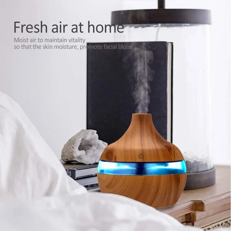 Electric Ultrasonic Wood-Grain Aroma Diffuser & Cool Mist Humidifier – 300ml Essential Oil Aromatherapy for Home