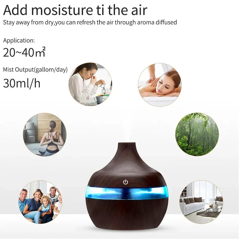 Electric Ultrasonic Wood-Grain Aroma Diffuser & Cool Mist Humidifier – 300ml Essential Oil Aromatherapy for Home
